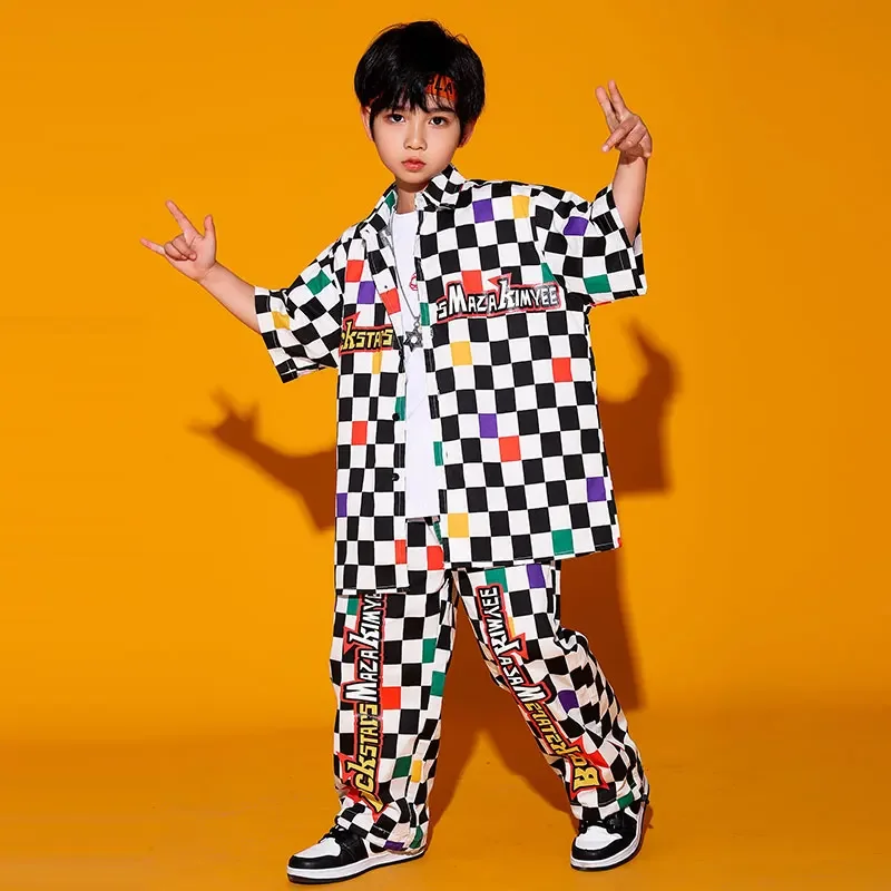 Kinder Hip Hop Zeigt Kleidung Kariertes Kurzarm-shirt Tops Street Wear Hosen für Mädchen Jungen Jazz Dance Kostüm Set Kleidung