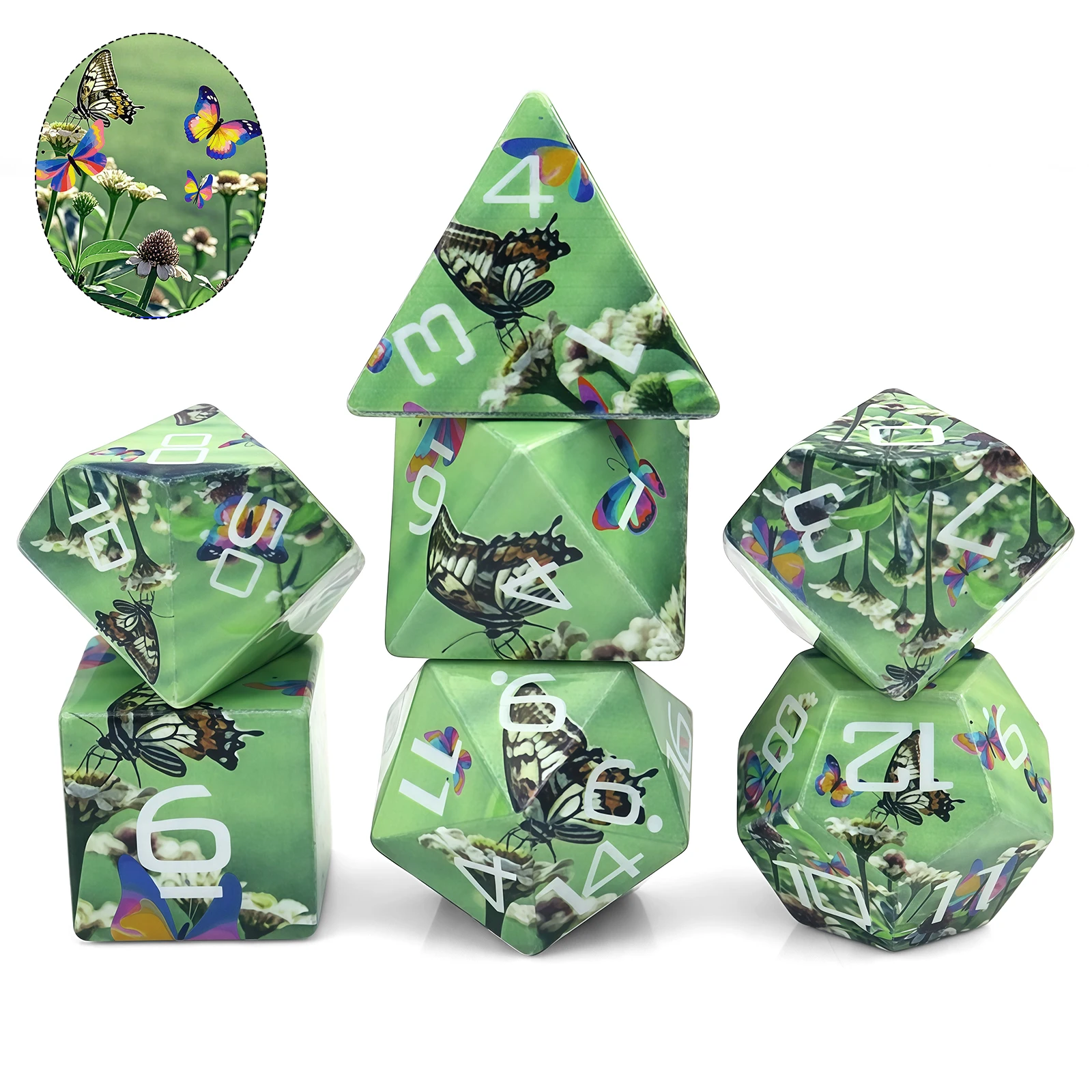 

Butterfly-Themed 7-Piece 18mm Acrylic Polyhedral Dice Set for Family Outdoor Gatherings And Holiday Gifts