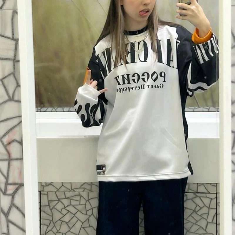 HOUZHOU Y2K Vintage Sprots t-shirt a maniche lunghe Hip-hop Letter Print maglia da Baseball allentata donna Streetwear Harajuku Casual top