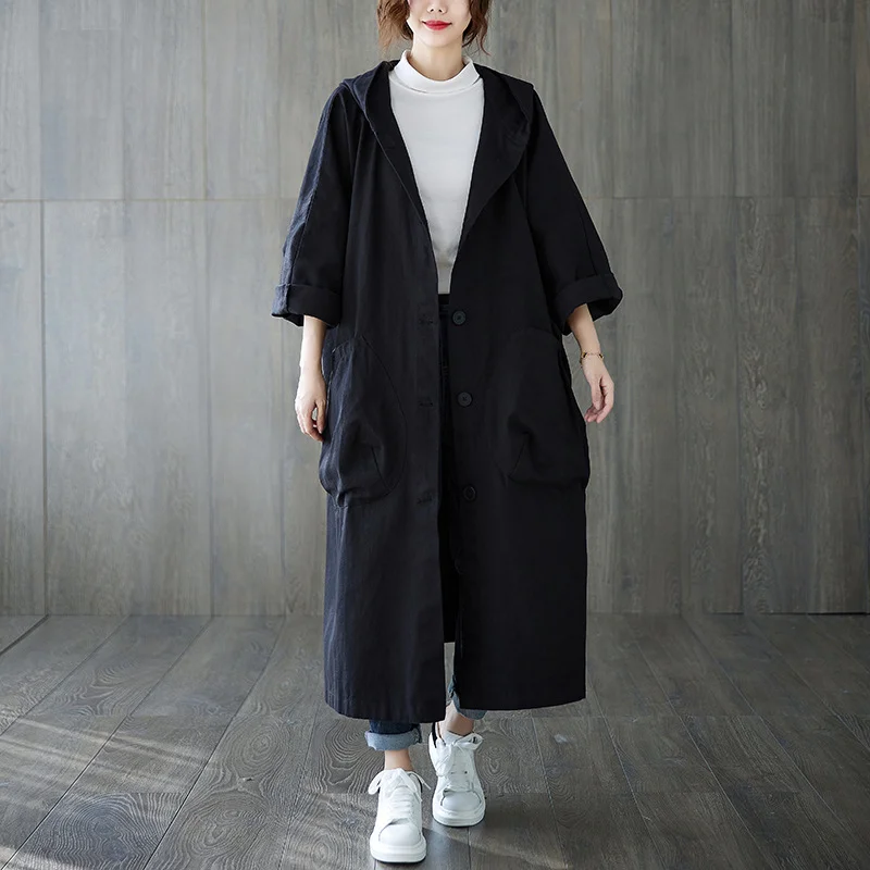 Women Hooded Long Trench Coat Oversized Batwing Sleeve Big Pockets Loose Casual Outerwear