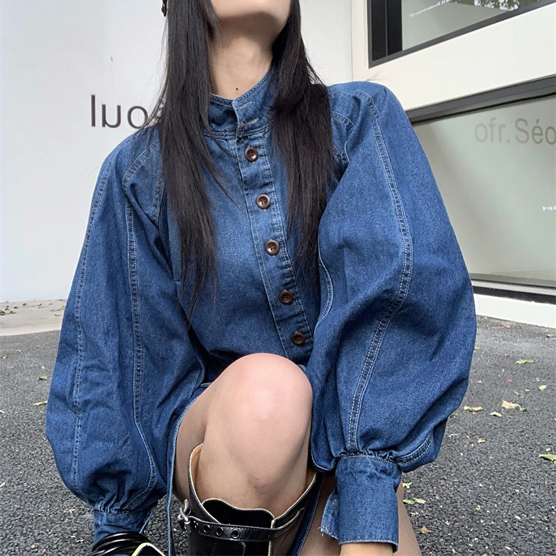 Vintage Jeans Jacket Women Single-Breasted Buttons Denim Coat Lantern Sleeve Overcoat Trendy
