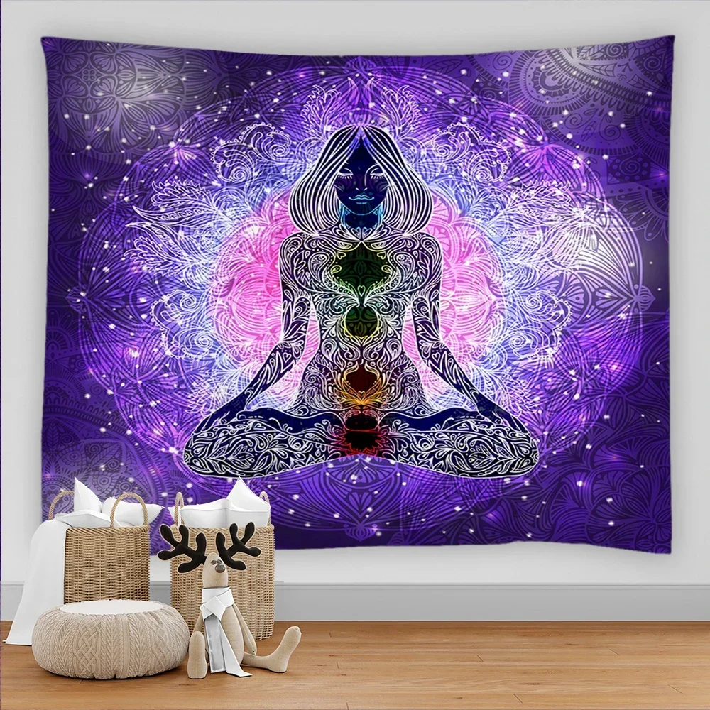 Buddha Statue Meditation 7 Chakra Yoga Tapestry Wall Hanging Mandala Tapestries Wall Cloth Psychedelic Carpet Boho Decor Indian