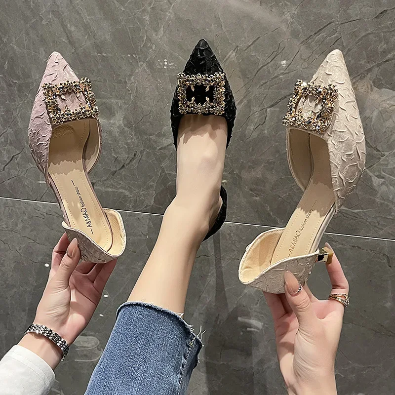 Women Pumps 2024 New Sexy Rhinestone Shallow Mouth High Heel Shoes Women's Pointed Hollow Silk Satin Single Shoe Heels Women