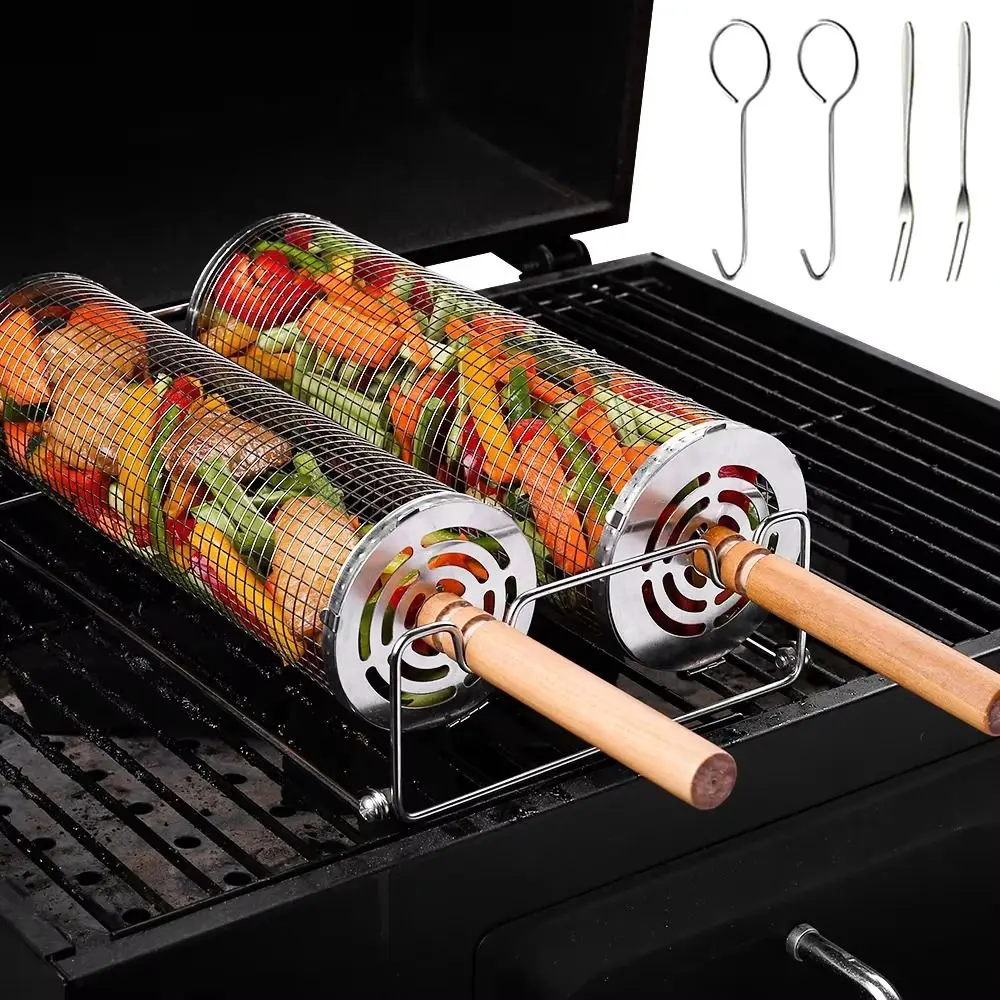 Removable Grill Mesh Baskets Kit Non Stick Wooden Handle Outdoor Grill Set 2 Hooks 2 Forks Rolling Grill Basket with Stand Fish