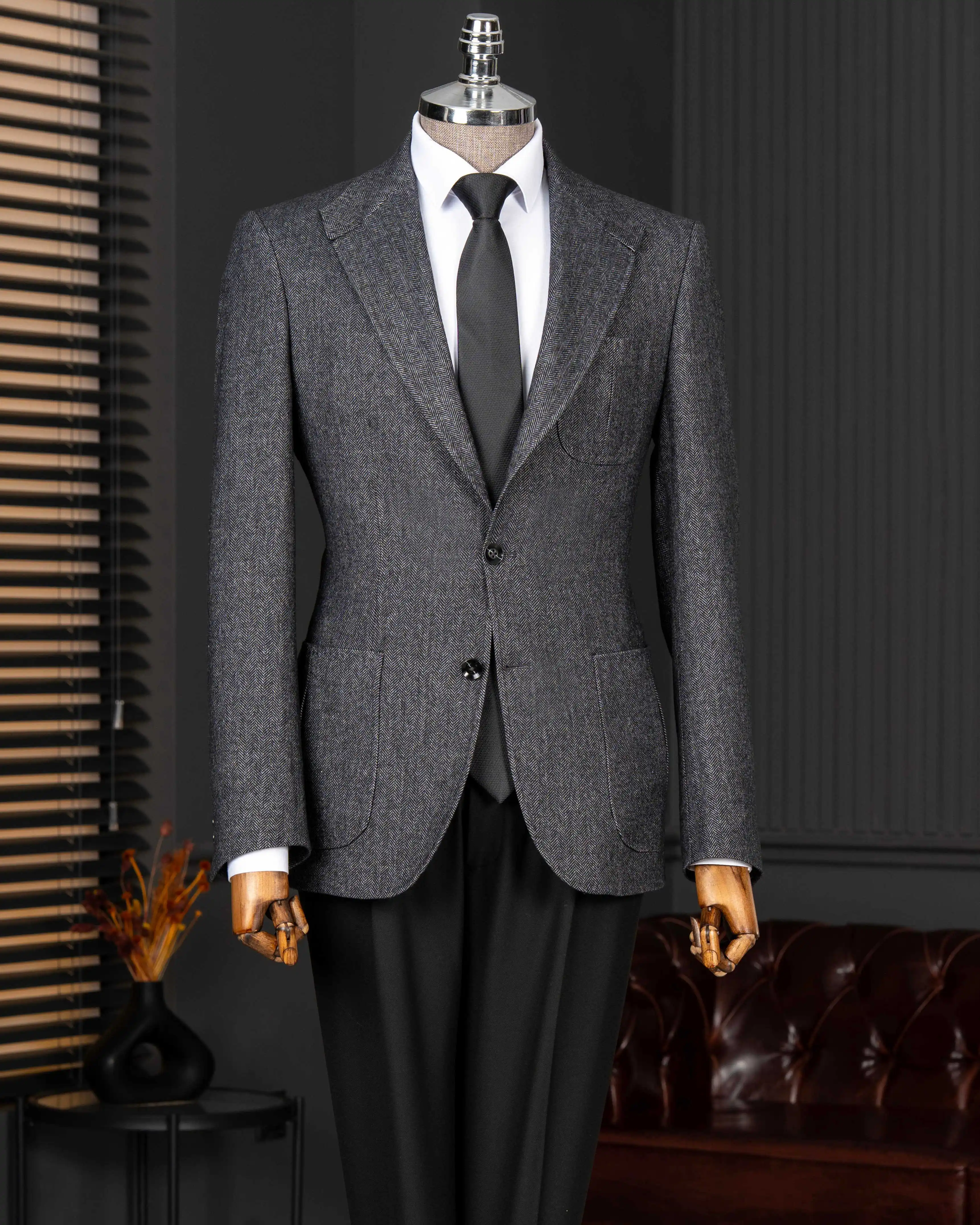 Classic Herringbone Men 2 Piece Suit Notch Lapel Blazer Trousers Set For Business Wedding Formal Banquet Occasion Customized