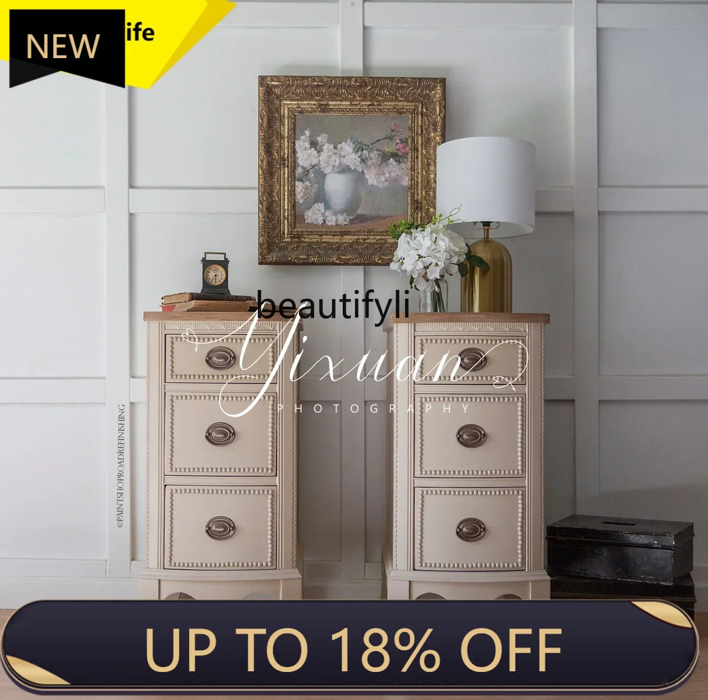 

P178 French Minimalist Solid Wood Bedside Table Bedroom Bedside Storage Cabinet American Small Apartment Home Use
