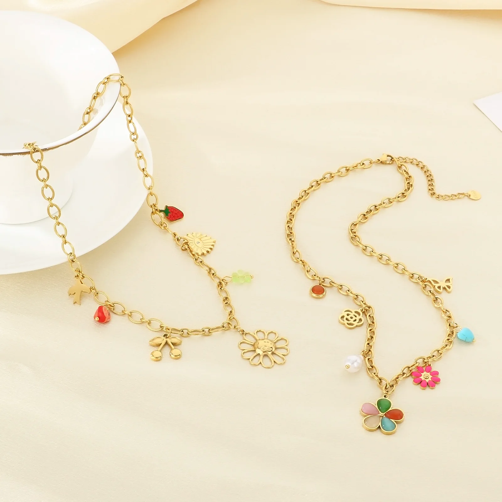 

Fashion Summer Flower Colorful Stainless Steel Necklace For Women Jewelry Gift