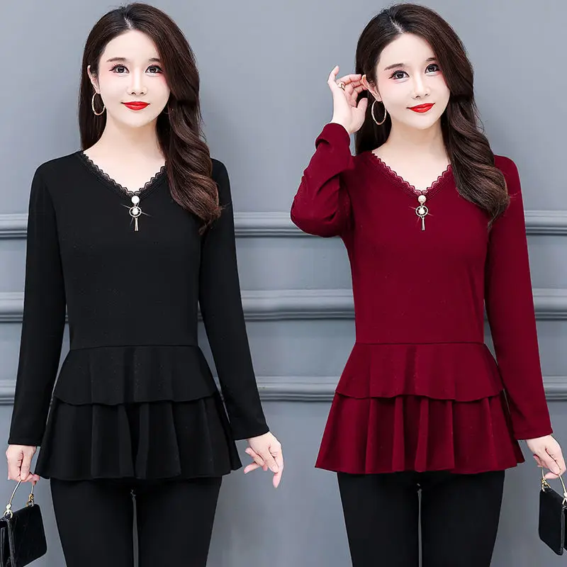 

Solid Collar V-neck Bottomed Shirts 2024 Spring Autumn New Women Fashion Loose Lace Blouse Mother Fashion Elegant Tops K563