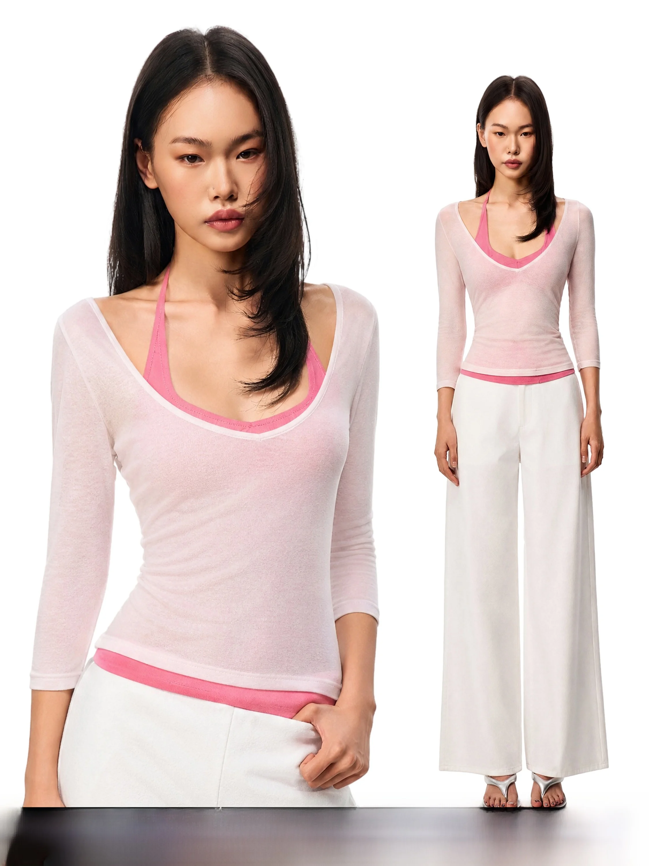 Gogo Burn American Style Seven-Quarter Sleeve Cover up T-Shirt Women's Neck Hanging Strap Vest Autumn Two-Piece Set Pure Desi...
