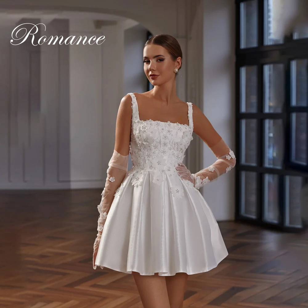 Moderno plissado flores curto a linha vestidos de casamento feminino gola quadrada sem mangas cintas de espaguete vestidos de novia personalizado