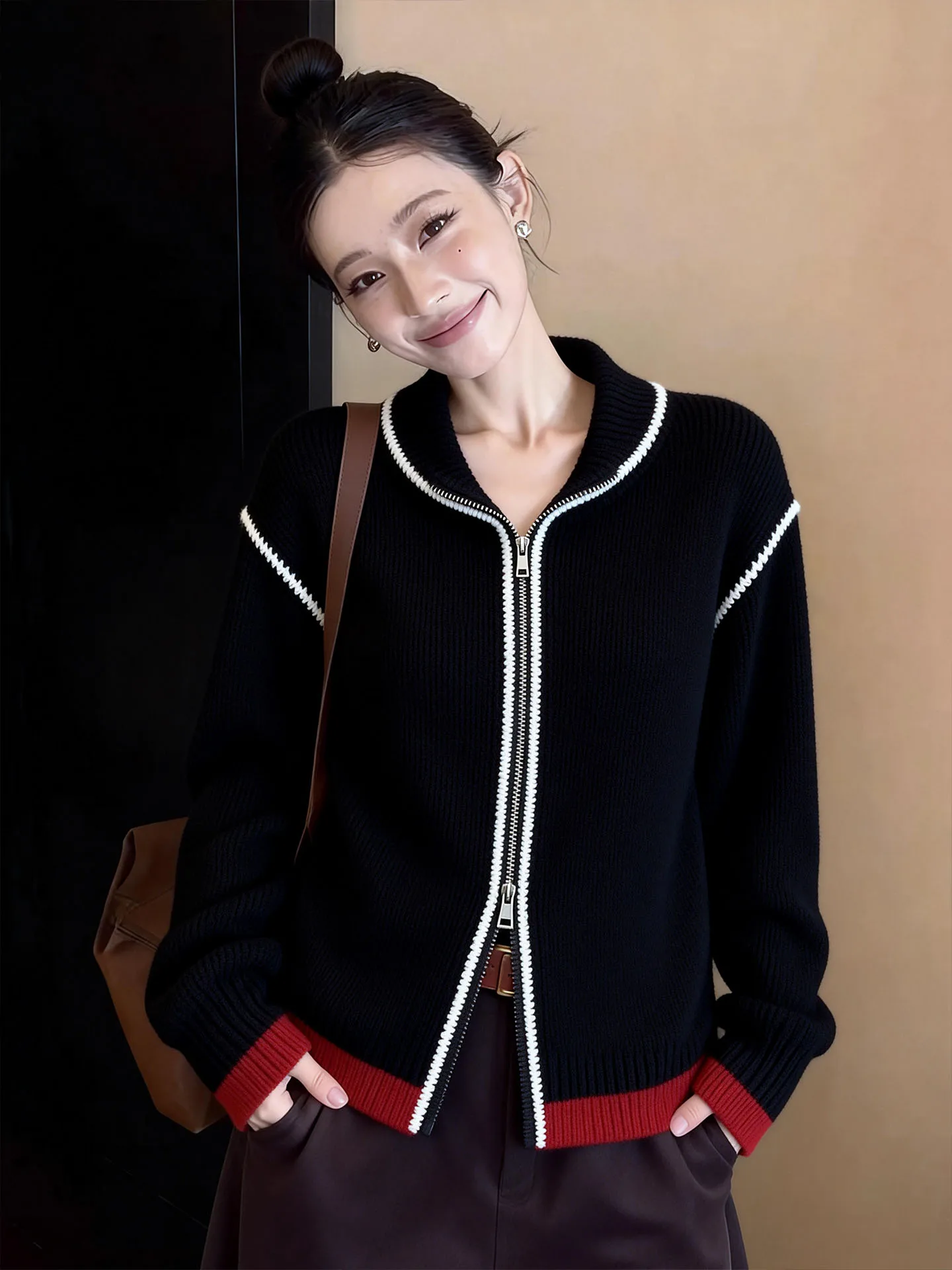 

Модный корейский вязаный свитер-жакет свободного кроя для женщин, с длинными рукавами, на молнии, цветной, весна 2026