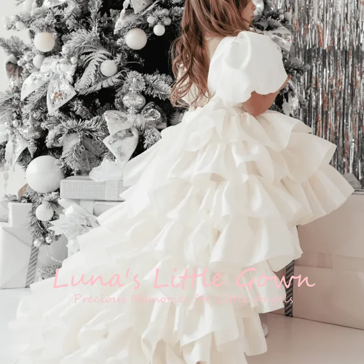 

Ivory White Puff Sleeve Ruffle Tiered Organza Flower Girl Dress High Low Train Kids Christmas Wedding Gown Customized
