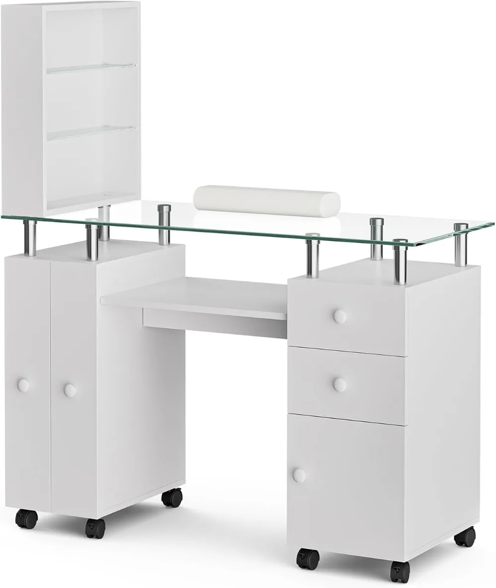 

Manicure Table Nail Desk for Nail Tech, Glass Top Nail Table Station Acetone Resistant w/Storage Drawers & Open Shelves