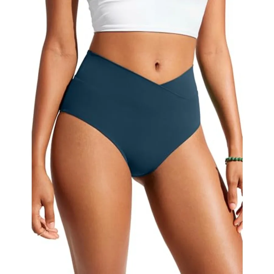 

CRZ YOGA High Waisted V Cut Bikini Bottom for Women - Cross Front Bathing Swimsuit Full Coverage Swim Briefs