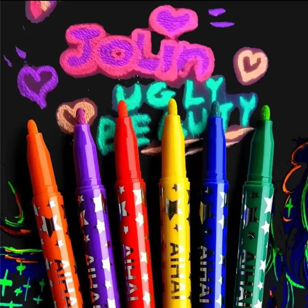 6 Colors Glow in the Dark Fluorescent Marker Pens, Water-Based Luminous Neon Doodle Markers, DIY Art Craft Festival Decoration