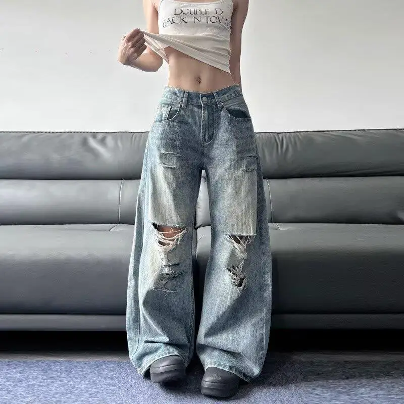 Calça Jeans Rasgada Estilo Banana, Corte Amplo e Solto, Perna Reta, Fina de Verão, Cintura Alta e Baixa, Unissex, Nova Coleçã...