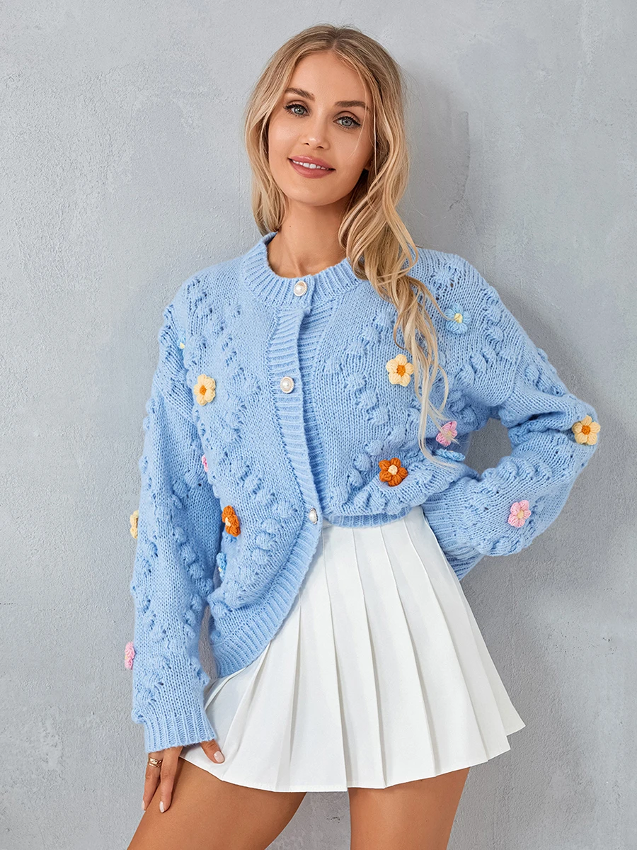 wsevypo 3D Flower Embroidery Crochet Knit Cardigans Women\'s Fall Winter Sweaters Outerwear Casual Long Sleeve Button-Down Coats