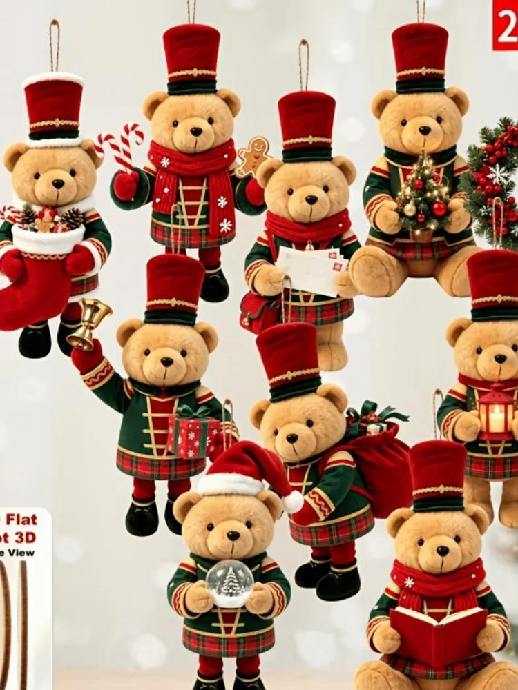 20/10 Stück, zufällig sortierte, flache, handgefertigte Weihnachtsornamente in Bärenform aus Holz, mit verschiedenen Weihnachtsmotiven, geeignet für Bäume, zur Dekoration von Wohnräumen, für Partys und als Weihnachtsge – Detail 5