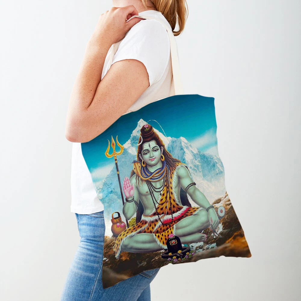 Indian Mythology  Women Shopping Bags Both Sides Cartoon Casual Shiva Ganesha Shopper Bag Canvas Lady Travel Tote Handbags