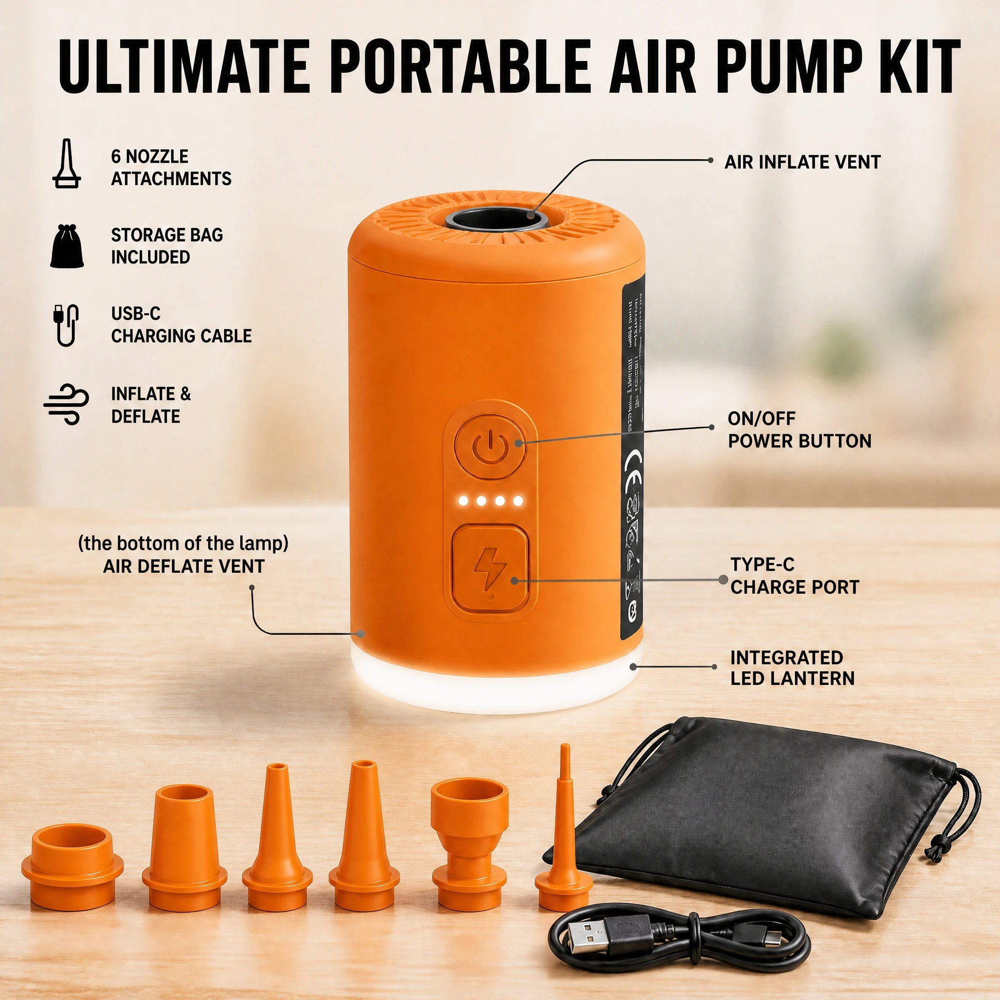 Outdoor Mini Electric Inflatable Pump 3-in-1 with Lights Wireless Air Compressor for Camping Hiking Inflate & Deflate Equipment