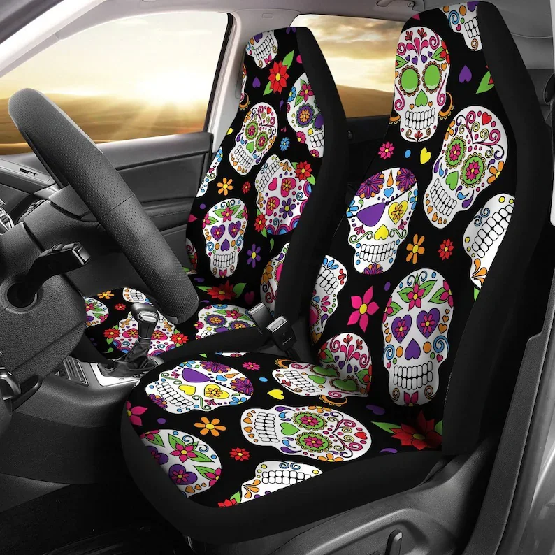 Sugar Skulls Car Seat Covers Pair, 2 Front Car Seat Covers, Seat Cover for Car, Car Seat Protector, Car Accessory, Dark, Skulls