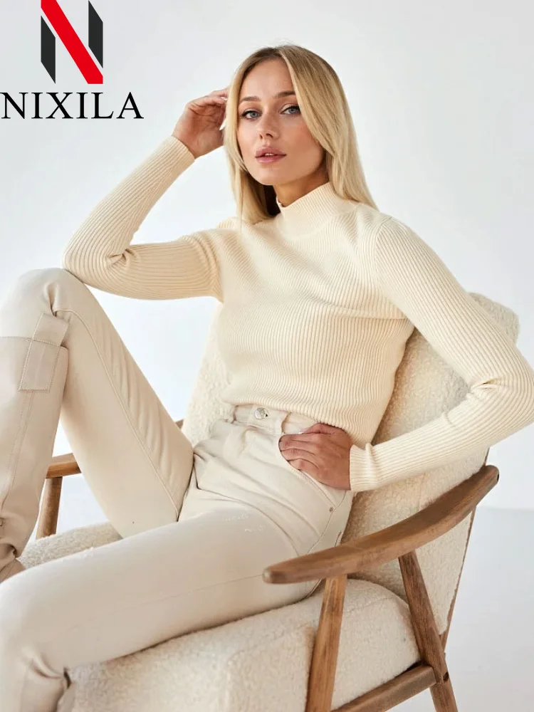 

Autumn Winter Knitted Mock Neck Women Sweater Vintage Basic long sleeves Tops Casual Slim Pullover Korean Simple Chic Jumpers