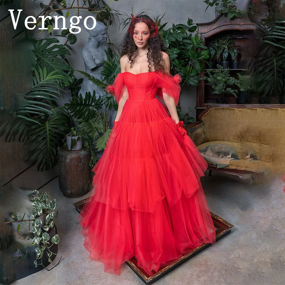 

Verngo Red Tulle Eveing Dress Women Off The Shoulder Party Dress Simple A Line Tiered Dress For Special Event