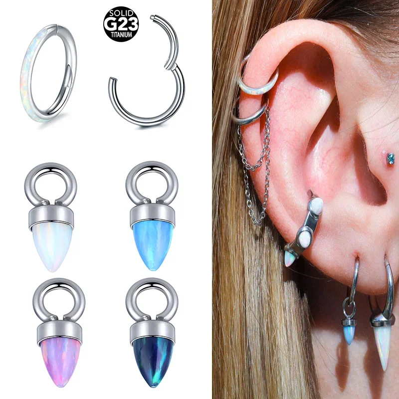 1PC Titanium Opal Bullet Charm Hinged Segment Nose Ring Cartilage  Earring Hoop Accessory Women Pendant Piercings Body Jewelry