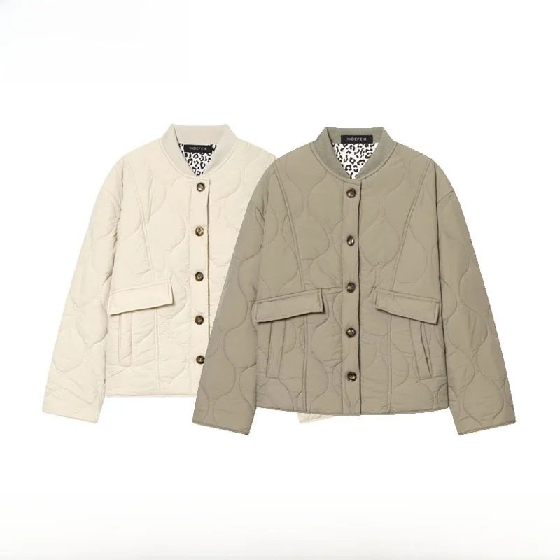 

Faionable Long Length Leopard Print Stand Collar Cotton Jaet Women's Autumn Winter New Arrival Versatile Outerwear Coat