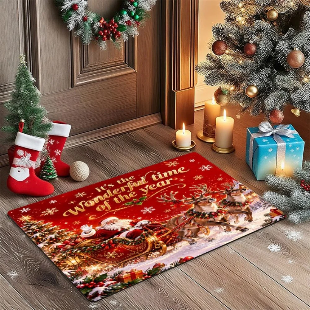 Shiny Christmas Lettering Welcome Rug Red Glove Doormat Starry Sky Area Rug Floor Mat Kitchen Porch Entryway Floor Decor