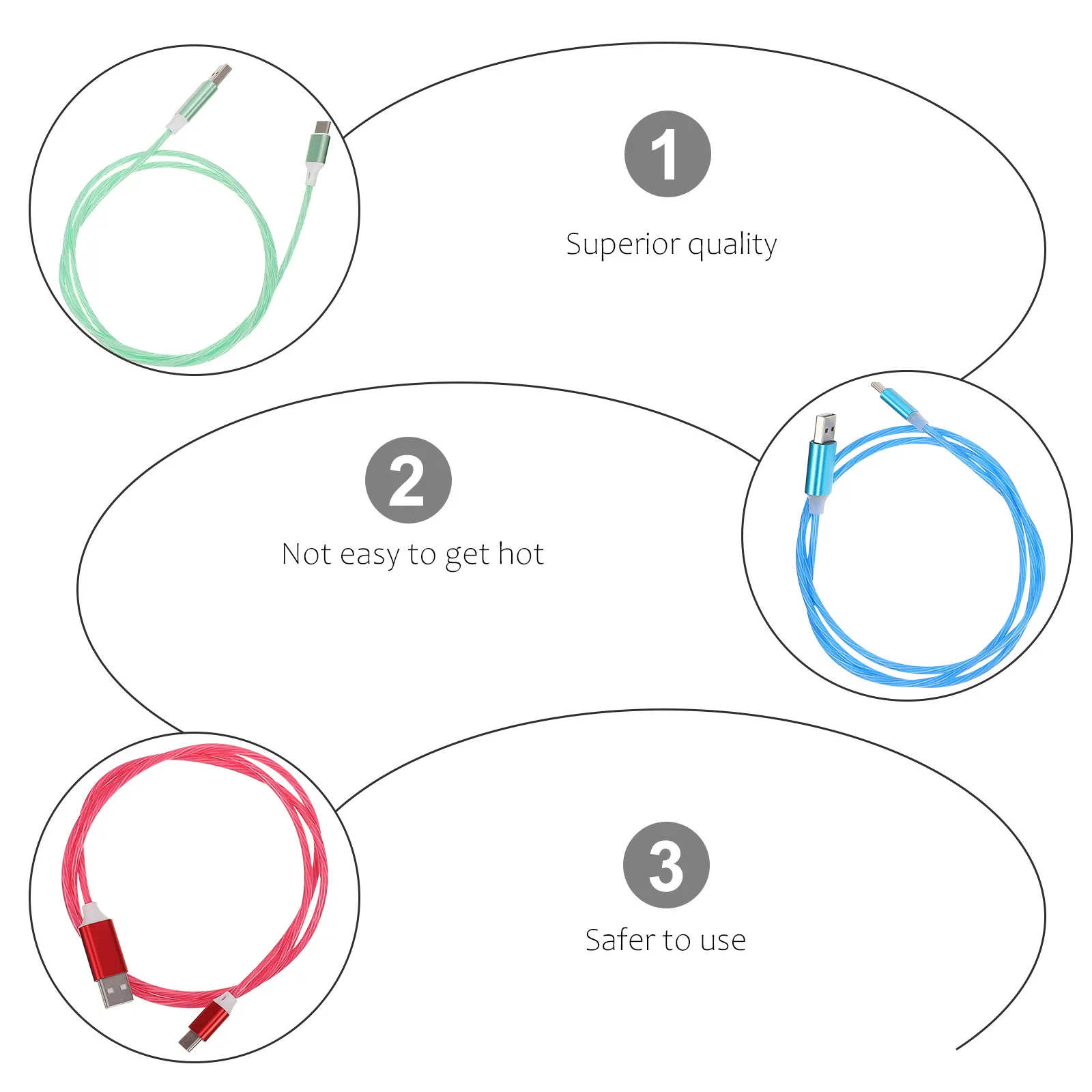 3Pcs Type Cables Flowing Brightness Fast Charging USB Cord for Smartphones Tablets and Pcs Type C Charging Cables