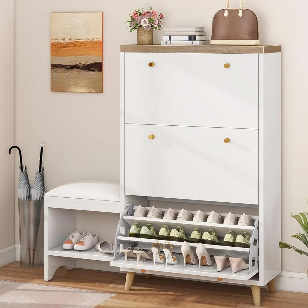 

Shoe Cabinet with Bench for Entryway, Modern Shoe Storage Cabinet Bench, Narrow Hidden Shoe Organizer with 3 Flip Drawer,