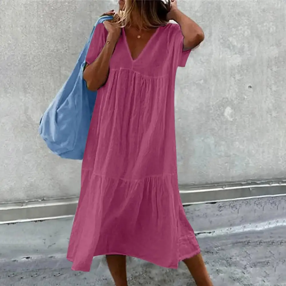 Lady Summer Dress Loose Patchwork Pleated A-line Solid Color V Neck Short Sleeves Mid-calf Length Casual Daily Wear Midi Dress