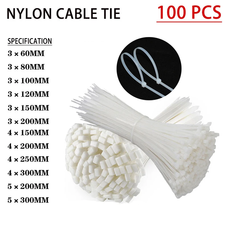 100pcs 5x300 cable tie retaining ring 3x200 industrial cable tie cable tie set Self locking plastic Nylon cable tie  white