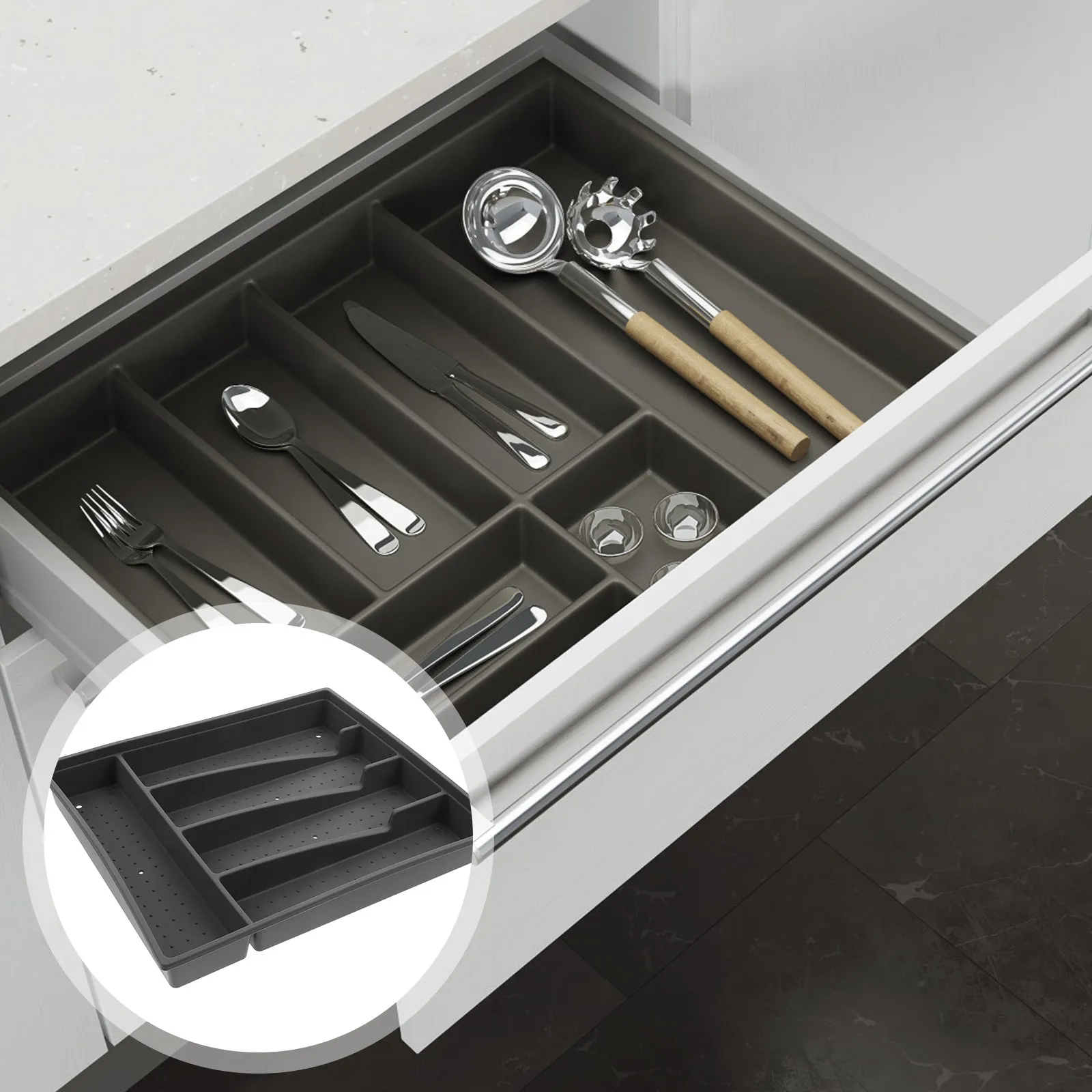 Silverware Drawer Organizer Thickened Cutlery Tray Multiple Compartments for Fork Spoon Chopsticks Bottle Opener Utensil Holder