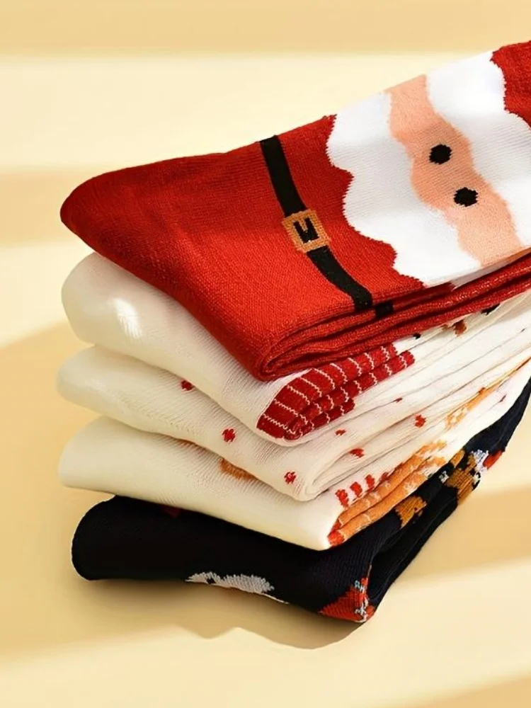 5 Pairs of Randomly Assorted Women's Christmas Socks, Autumn and Winter Styles, Featuring Cartoon Santa Claus, Polka Dots, Letters, and Snowmen, Comfortable Mid-Calf Socks, Perfect for Christmas Outfits, the Best Christmas Gift to Share with Family and Friends