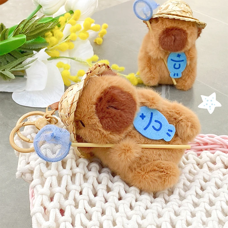かわいい釣りカピバラぬいぐるみキーホルダークリエイティブ漫画ぬいぐるみキーリングバッグペンダントバックパックぶら下げ装飾素敵なギフト