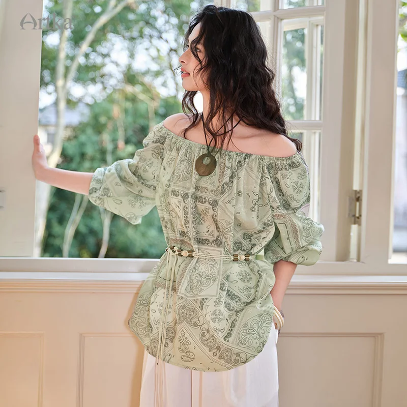 

ARTKA 2025 Summer New Women Shirt Bohemian Vacation Style Lantern-sleeved Blouse Loose Off-the-shoulder Printed Shirt With Belt