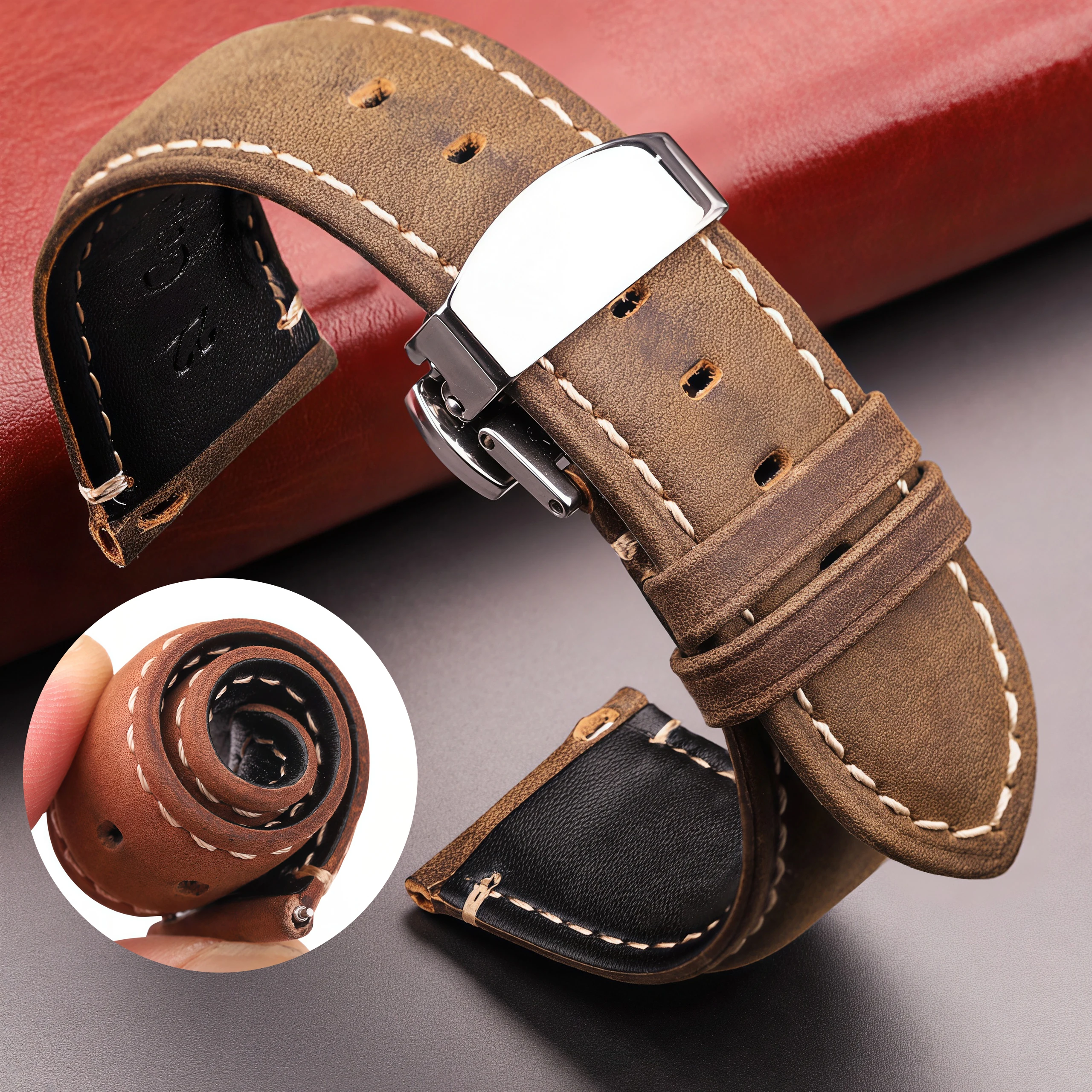 

Genuine Leather Watch Strap 20mm 22mm Quick Release Butterfly Buckle Vintage Cowhide Band for Galaxy Watch 6 5 4 Pro Classic