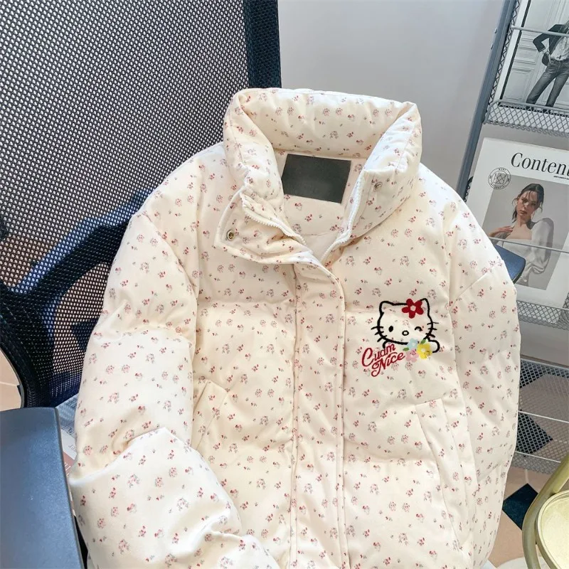 

Японская теплая короткая куртка с милым котенком и цветочным принтом, студенческая верхняя одежда для девочек, зимнее пальто с героями мультфильмов, хлопковая одежда, модная свободная новая одежда
