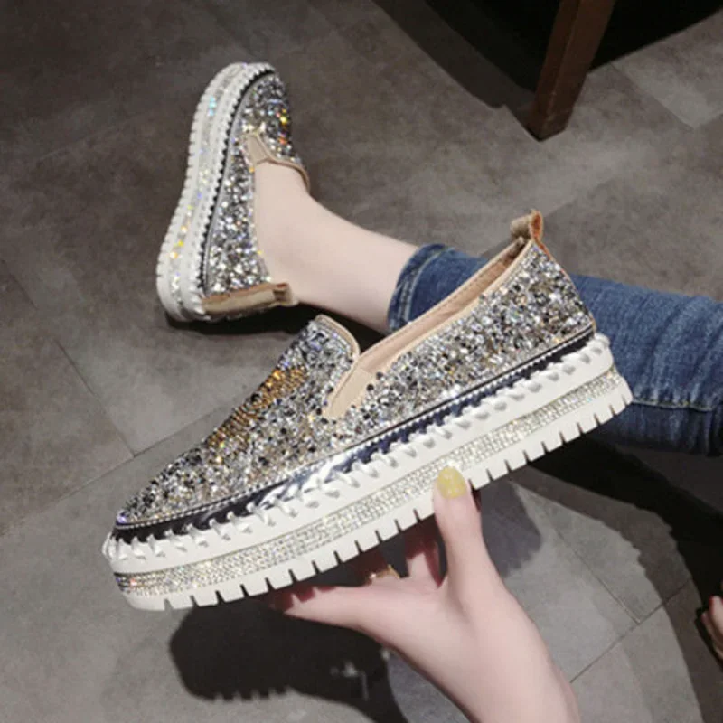 Diamond Rhinestone Loafers with Crystals Ladies Shoes High on Platform Low Slip Women Footwear Bow Canvas 39 Cotton Trends 2024