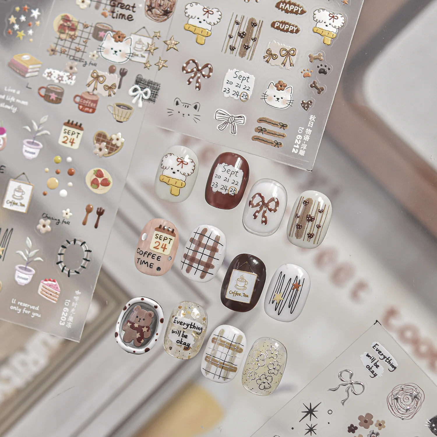 1Pcs Autumn Vintage Nail Stickers Small Bear Cat Dog Bow Checkered Flowers Stars Calendar Patterns Self-adhesive Nail Stickers