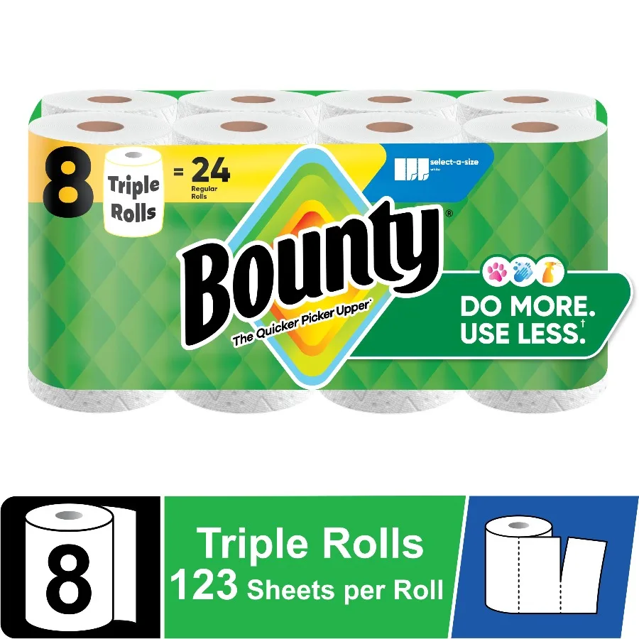Bounty Paper Towels Select-A-Size White, 8 Triple Rolls, 123 Sheets per Roll