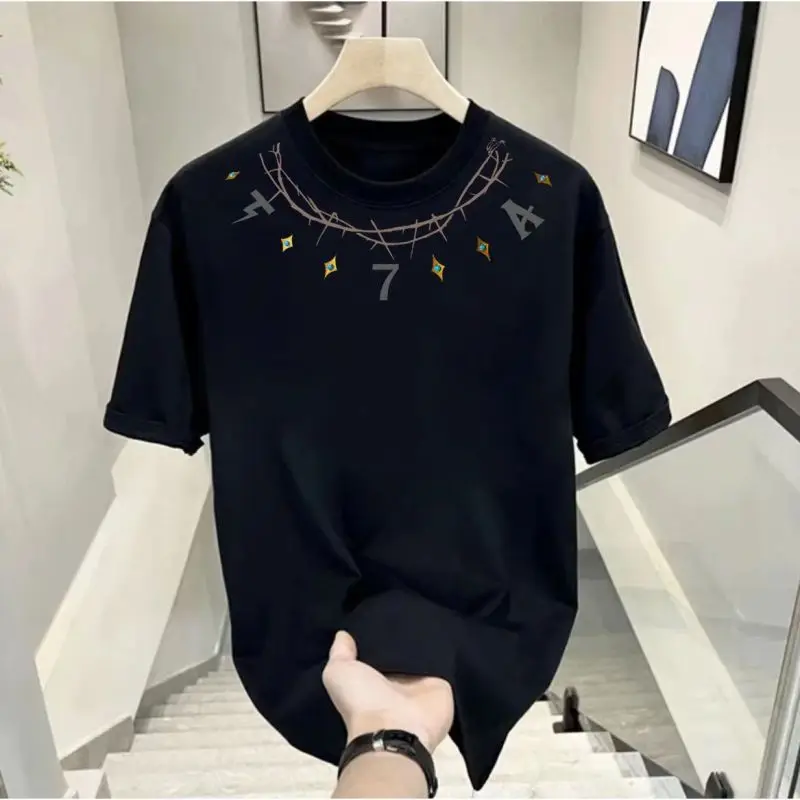 

Minimalist Pure Cotton T-shirt Summer New Men's Crew Neck Subtle Necklace Printed Fashionable Loose Casual Short Sleeve Tops