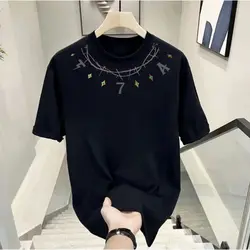 Minimalist Pure Cotton T-shirt Summer New Men's Crew Neck Subtle Necklace Printed Fashionable Loose Casual Short Sleeve Tops