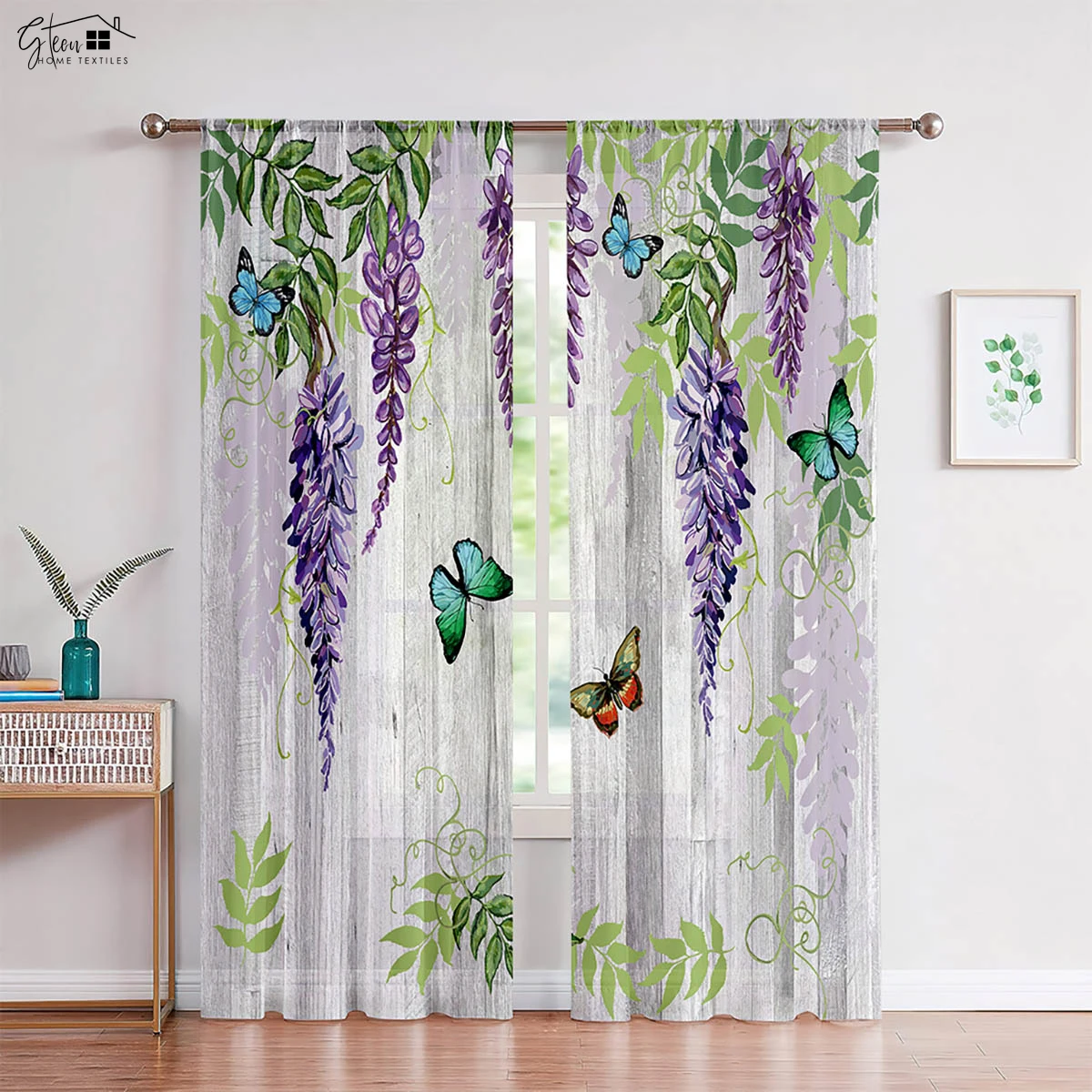 2-Piece Wooden Wisteria Flower Butterfly Print Curtains Pastoral Style Bedroom Living Room Study Kitchen Curtains