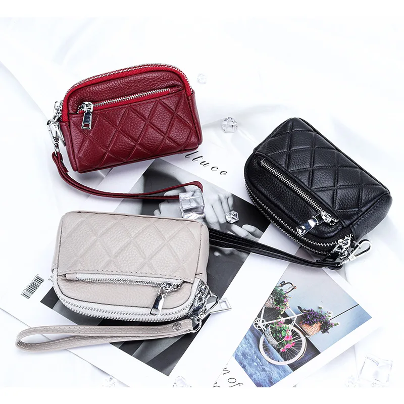 Women Coin Purse Cowhide Large Capacity Three Zipper Multifunction Money Lipstick Pocket Clutch Coin Bag Removable Wrist Strap