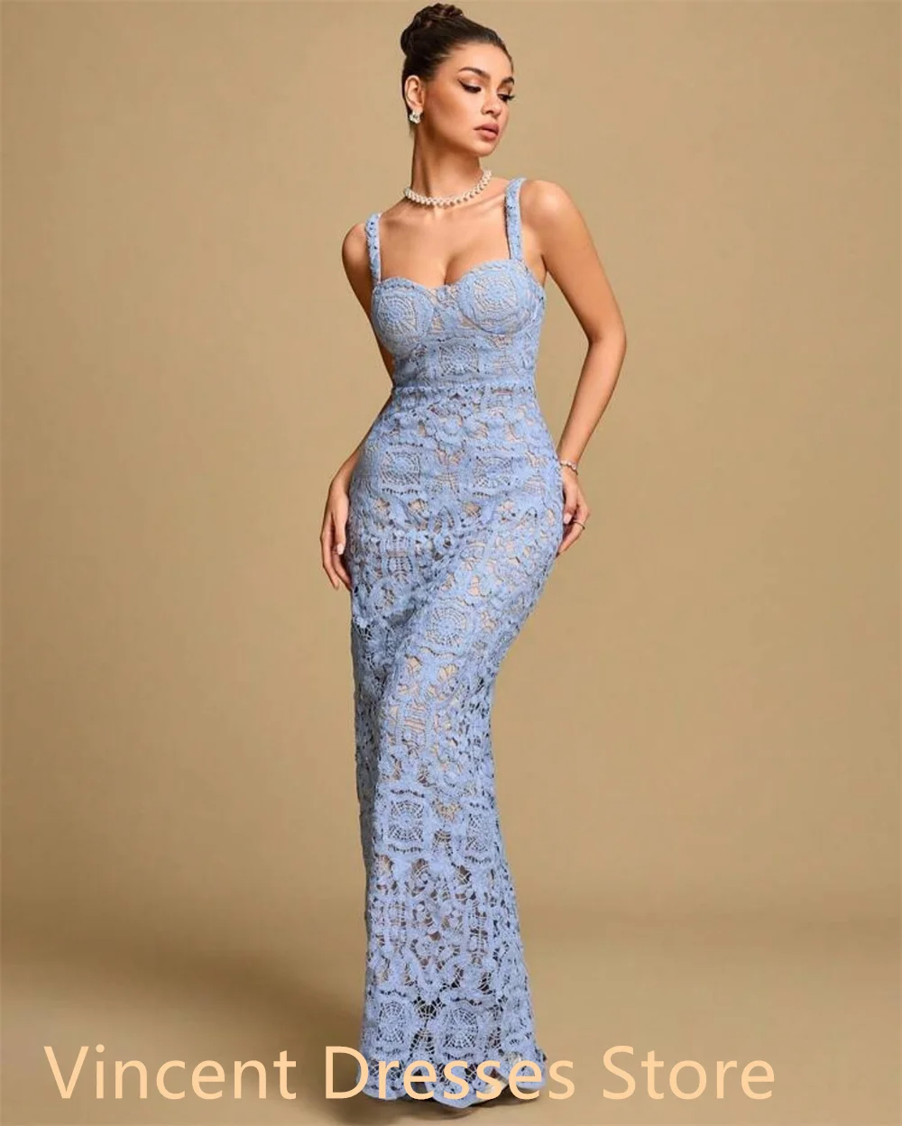 فستان جيرسي أزرق مخصص عالي الجودة لحفلات العودة للوطن رائع بدون حمالات أشرطة سباغيتي حورية البحر بسحاب خلفي رداء السهرة