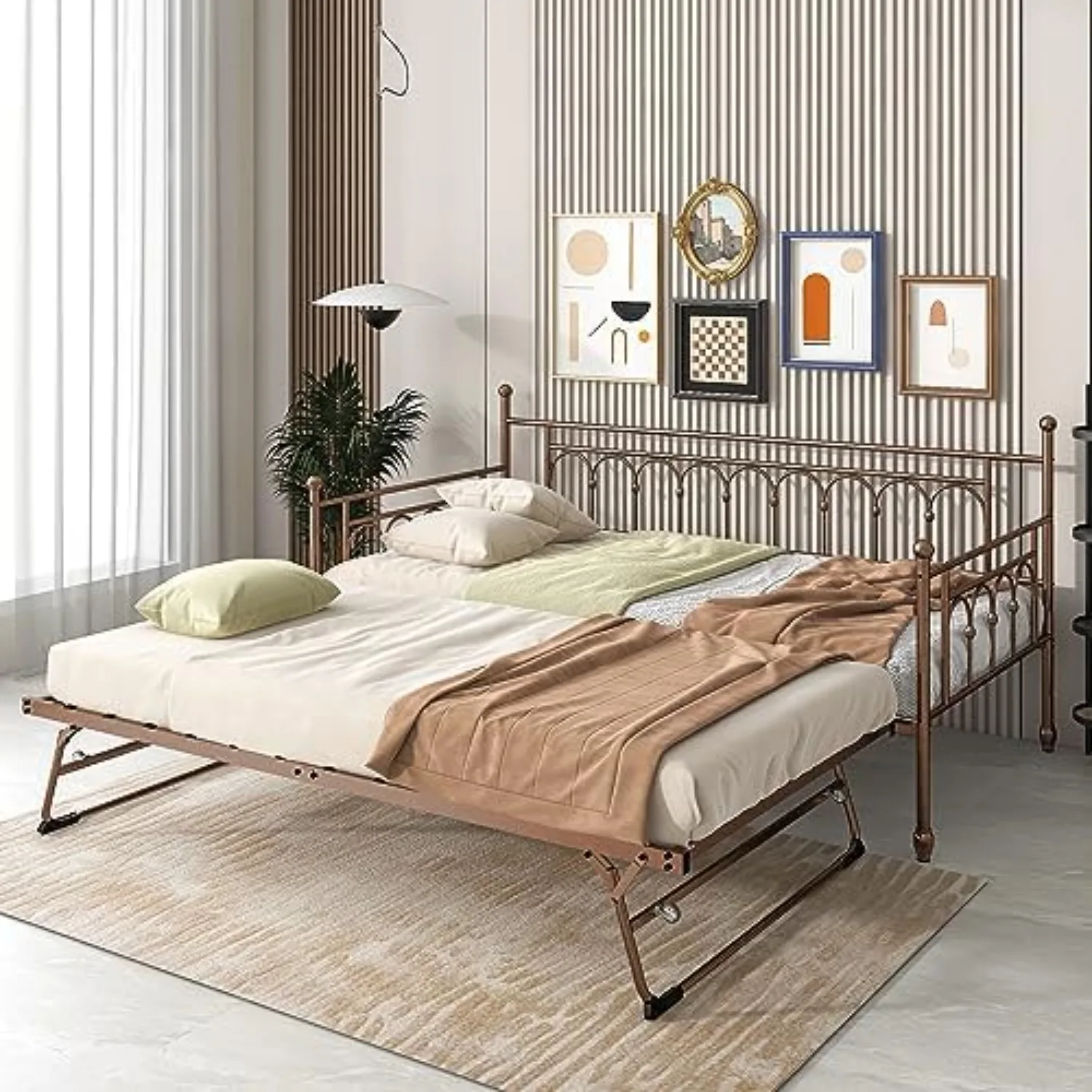 Daybed with Pop Up Trundle, Metal Daybed with Trundle, Twin Day Bed with Lockable Casters, Space-Saving Pop Up Trundle