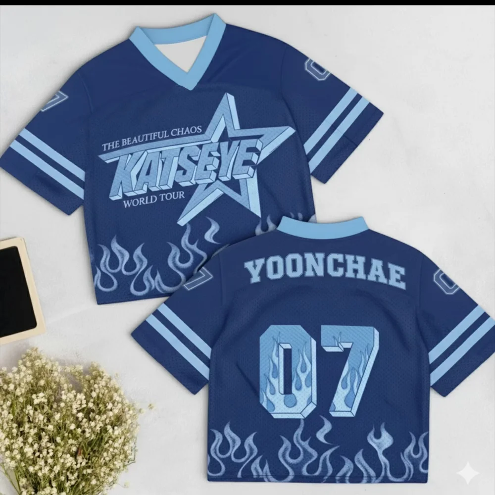 Kpop Katseye Uniform im amerikanischen Street-Fashion-Stil, Oversized Jersey, für Mitglieder auswählen! Familien-Set für den Sommer, atmungsaktiv und schnelltrocknend – Detail 8